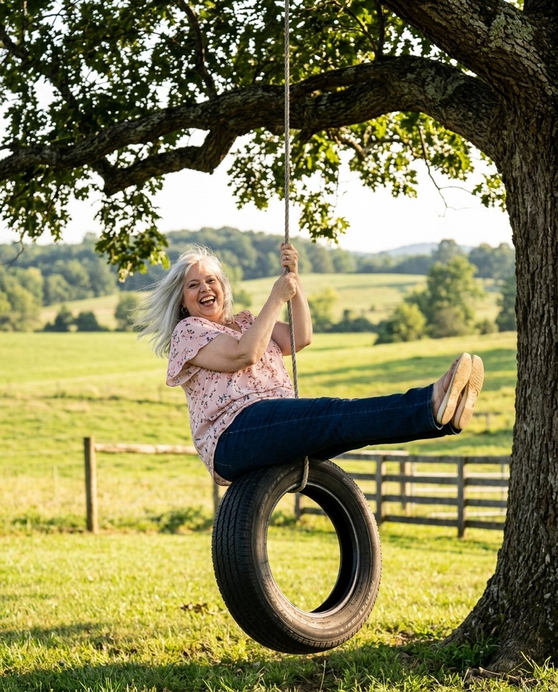 Kristin laughing on a tire swing under a big tree