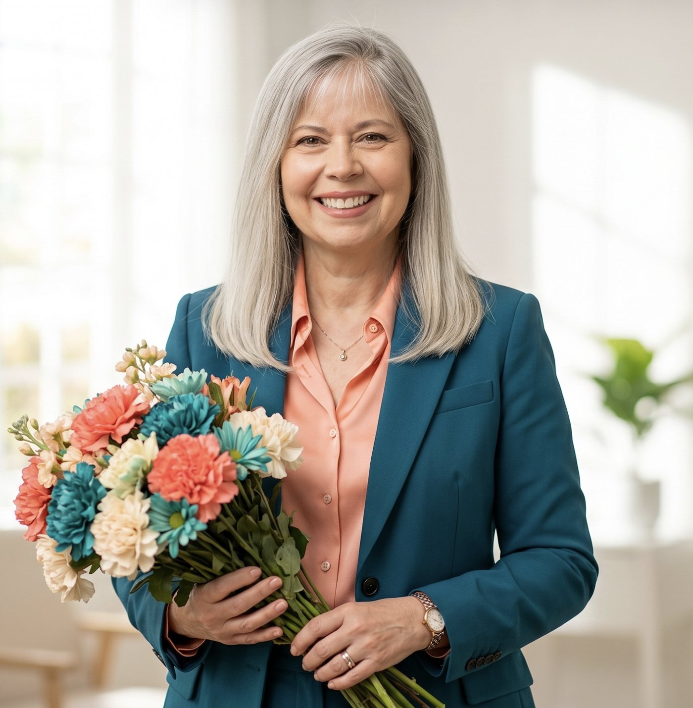 Kristin Milan, smiling, holding a bouquet of coral and teal flowers